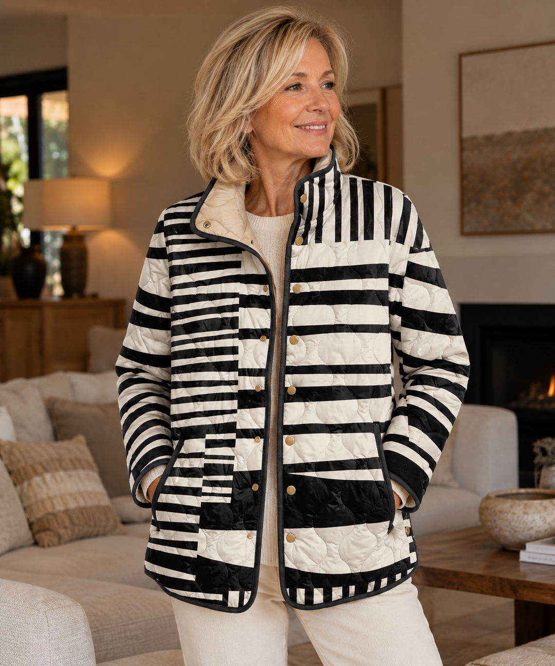 Miren | Veste Matelassée Rayée Noir et Blanc