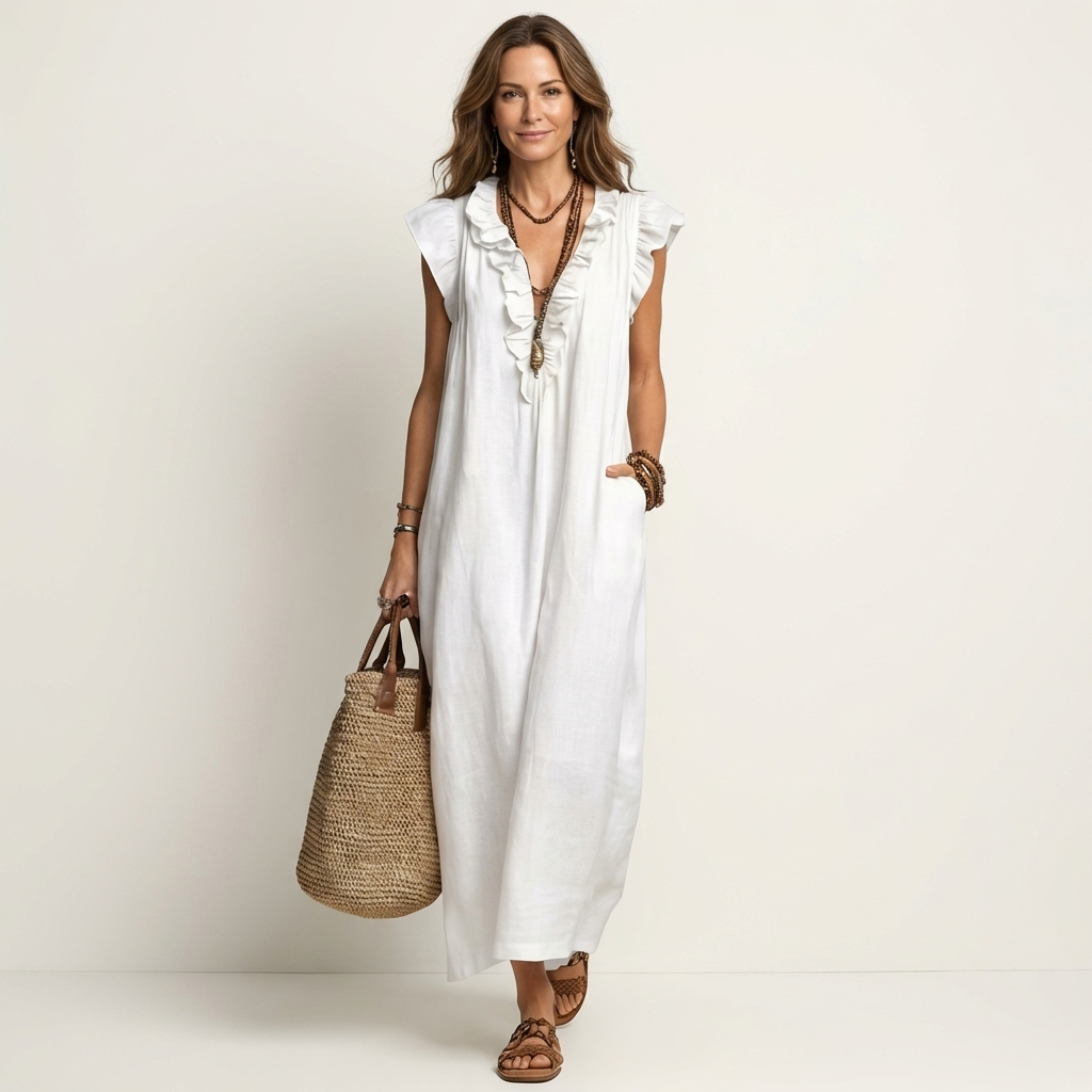 Josette | Robe Maxi à Col V et Volants