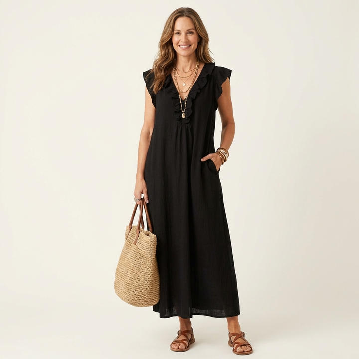 Josette | Robe Maxi à Col V et Volants