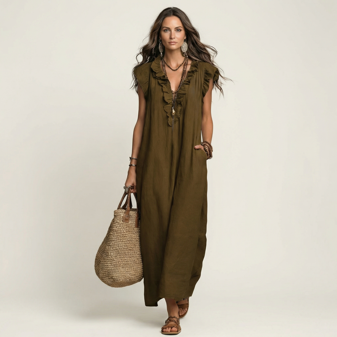 Josette | Robe Maxi à Col V et Volants